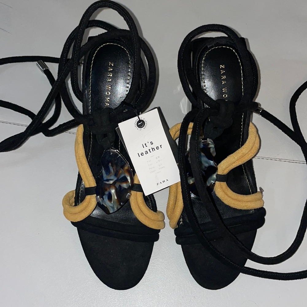 Zara Black and Tan Lace-Up Heeled Sandals